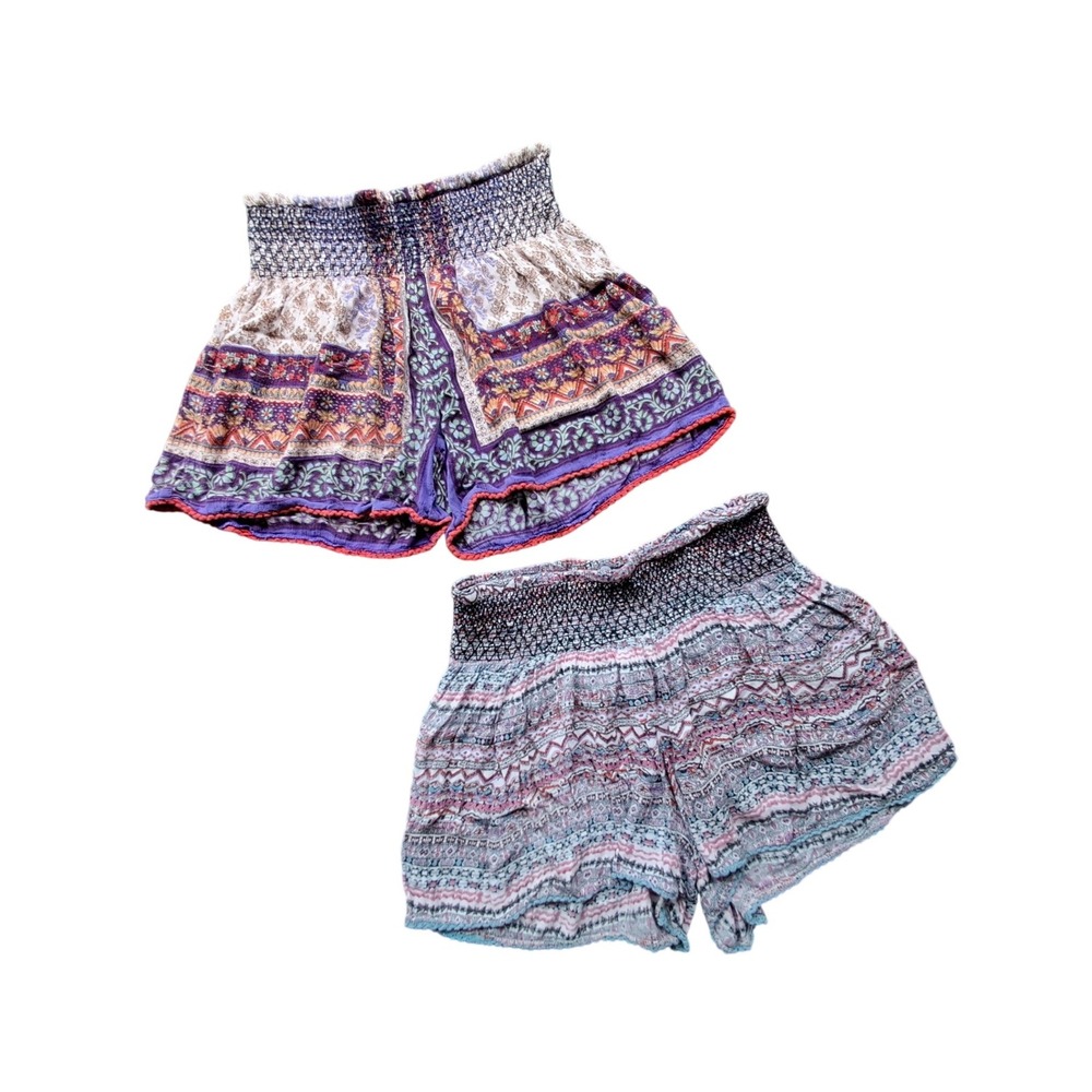 Patrons of Peace Boho Smocked Shorts Bundle Medium Purple Pink Rayon 2 Pairs